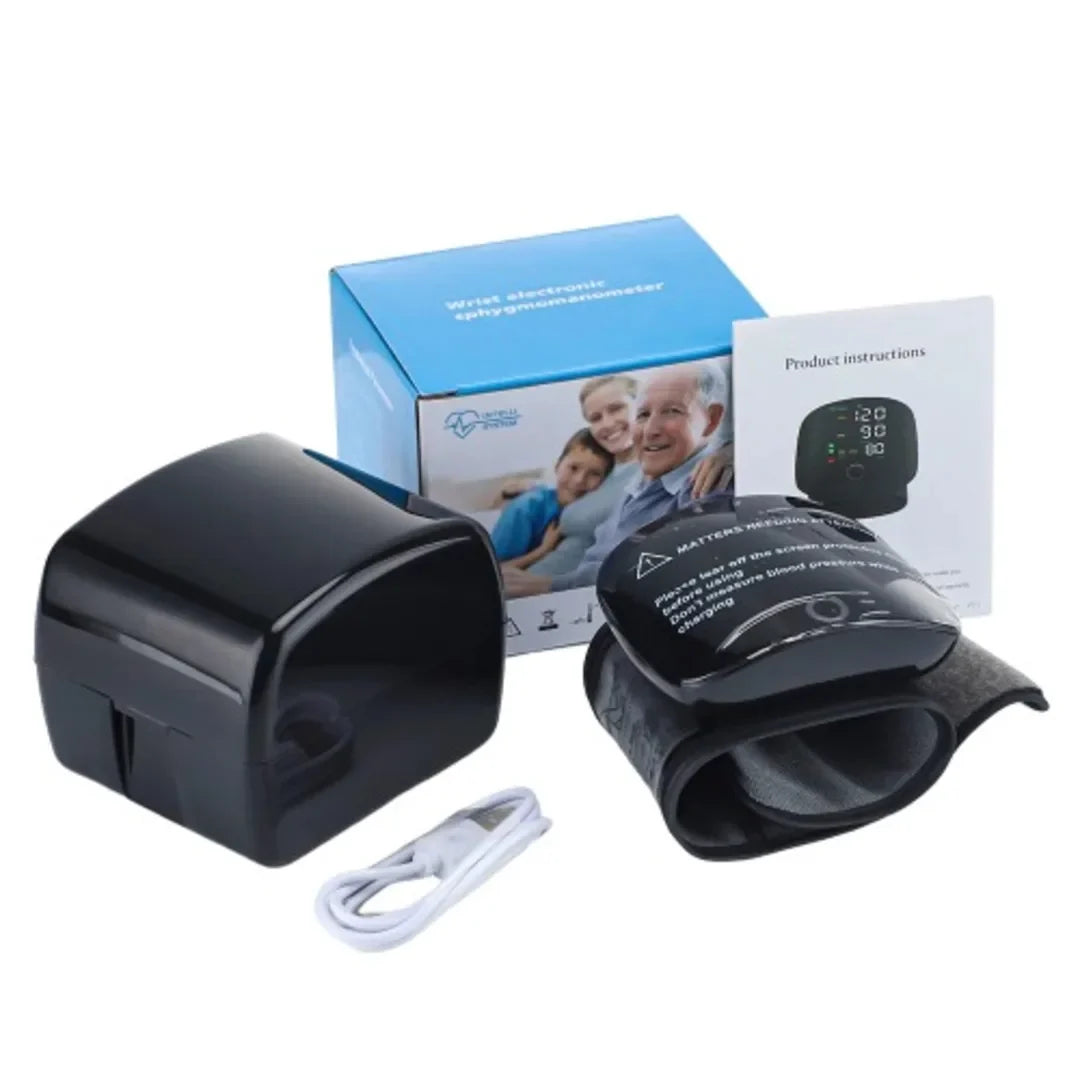Rechargeable PAKBEAUTIFY wrist blood pressure monitor with digital LED display and voice broadcast feature, showing cuff and device.