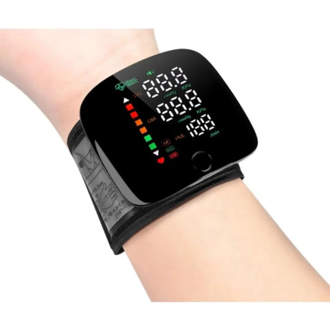Rechargeable wrist blood pressure monitor by PAKBEAUTIFY with digital LED display and voice broadcast functionality.