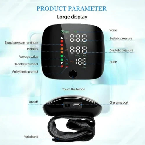 Rechargeable wrist blood pressure monitor by PAKBEAUTIFY with digital LED display and voice broadcast in a compact design.