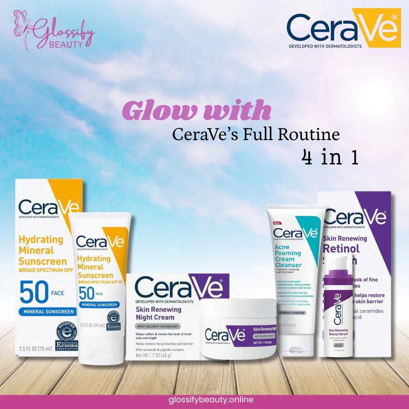 PAK BEAUTIFY CeraVe 4-in-1 skincare kit with night cream, sunblock, cleanser, and serum for radiant skin.