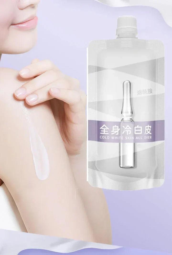 Pak Omenfee Brightening Skin Gel for men and women, showing glossy gel tube and fresh skin, highlighting skin brightening benefits.