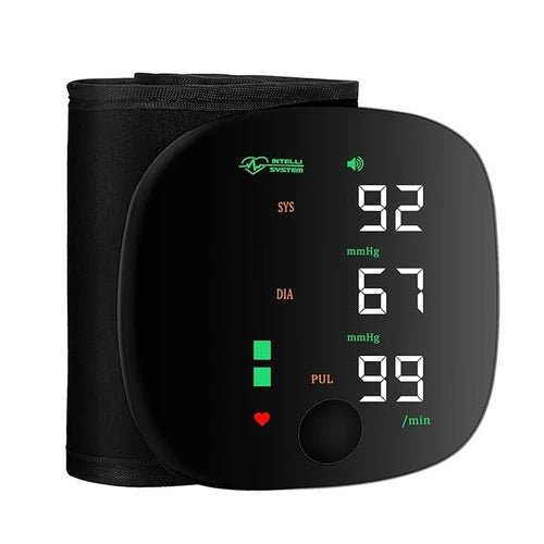 Rechargeable wrist blood pressure monitor from PAKBEAUTIFY with digital LED display and voice broadcast feature.