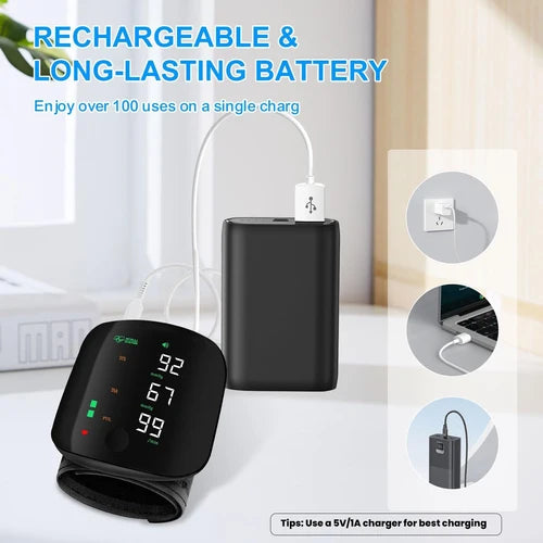 Rechargeable PAKBEAUTIFY wrist blood pressure monitor with digital LED display and voice broadcast feature.