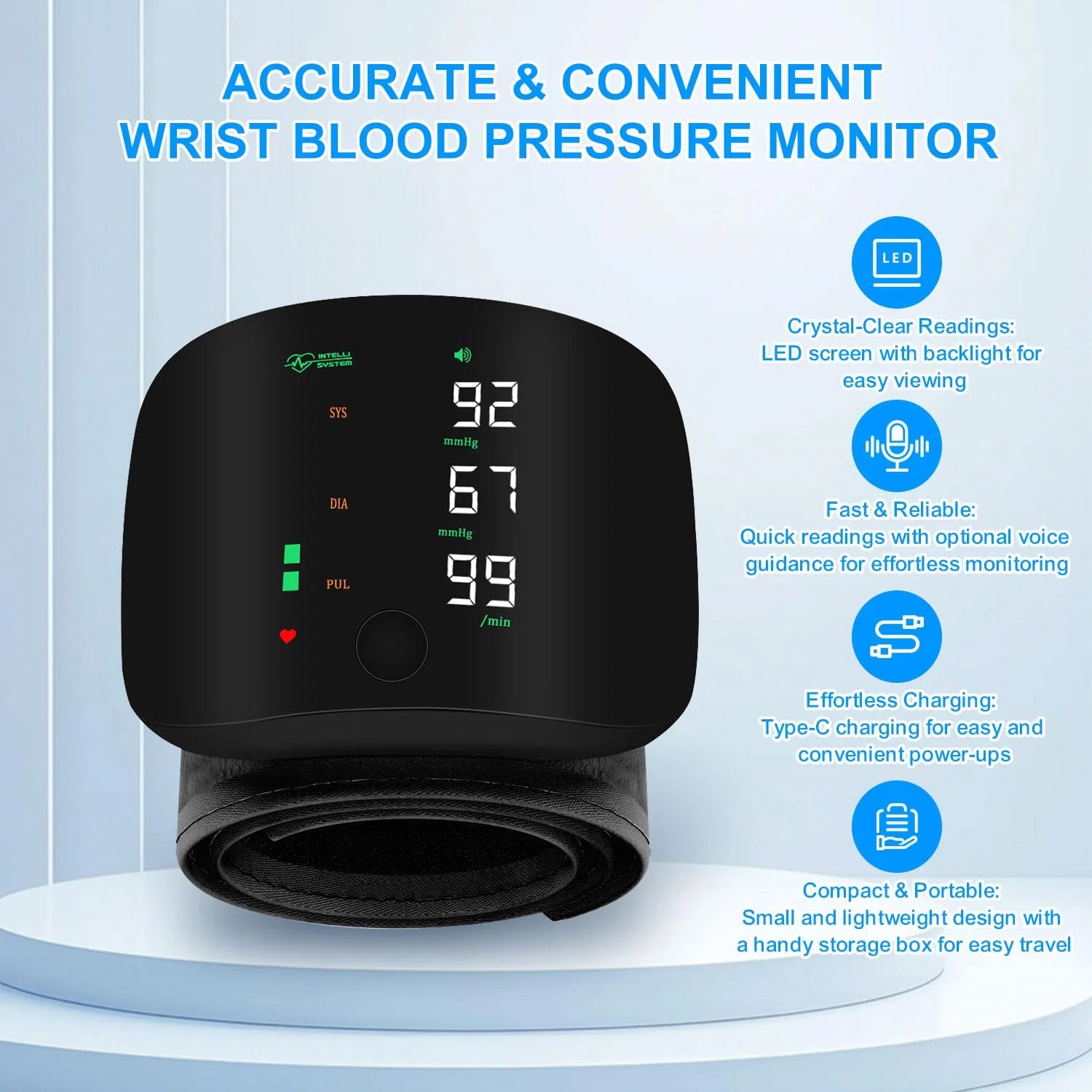 Rechargeable wrist blood pressure monitor by PAKBEAUTIFY with digital LED display and voice broadcast showing cuff and display screen