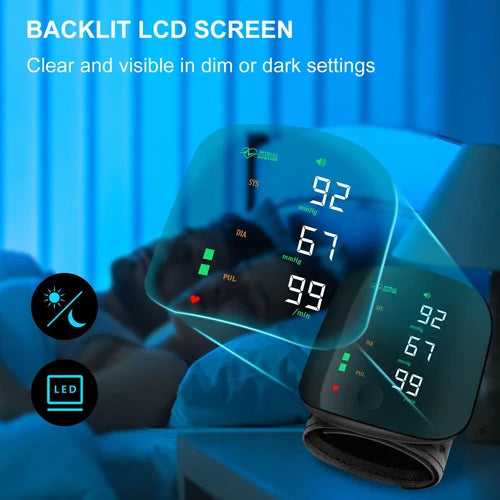 Rechargeable PAKBEAUTIFY wrist blood pressure monitor with digital LED display and voice broadcast feature.