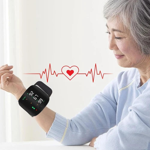 Rechargeable PAKBEAUTIFY wrist blood pressure monitor with digital LED display and voice broadcast, showing cuff and digital readout.