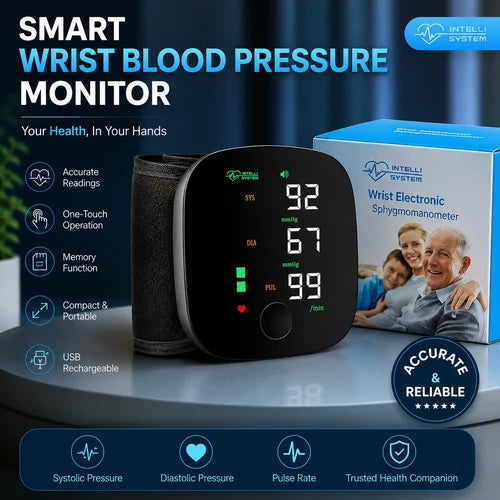Rechargeable PAKBEAUTIFY wrist blood pressure monitor with digital LED display and voice broadcast showing cuff and display panel