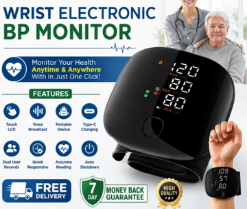 Rechargeable PAKBEAUTIFY wrist blood pressure monitor with digital LED display and voice broadcast functionality.