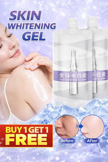 Omenfee Brightening Skin Gel by PAK, featuring a promotional offer, shown with gel container and fresh skincare ingredients