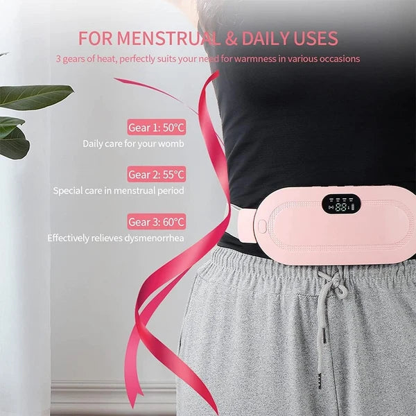 PAKBEAUTIFY electric heating belt for menstrual cramps with vibration therapy, providing pain relief and heat massage during periods