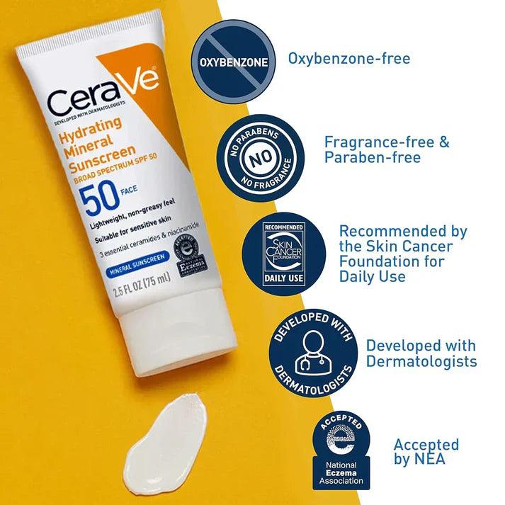 CeraVe sunblock tube with SPF, part of PAK BEAUTIFY 4-in-1 skincare kit, in front of a white background