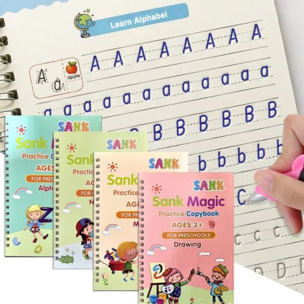 Sank Magic Tracing Books – Set of 4 Peice with magic pen & 10 refills. Fun, reusable handwriting practice for preschool kids - PAK