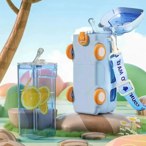 600ml-Bus Shaped Water Bottle With Straw & Strap - PAK